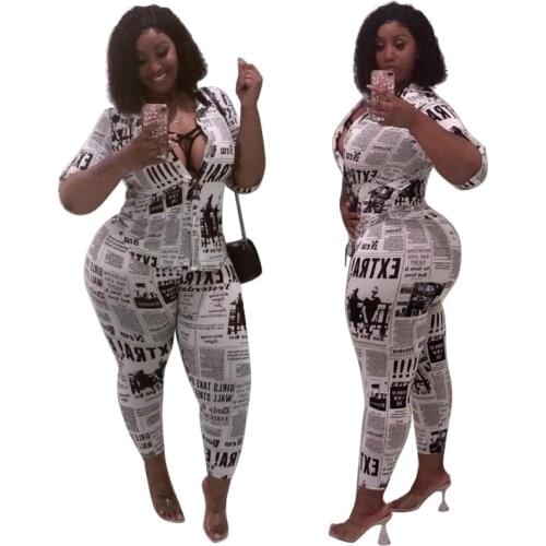 Plus Size Women Newspaper Printing Casual Two-Piece Set 2021 Spring Turn-down Collar Single-breasted Shirts Skinny Pants Outfits