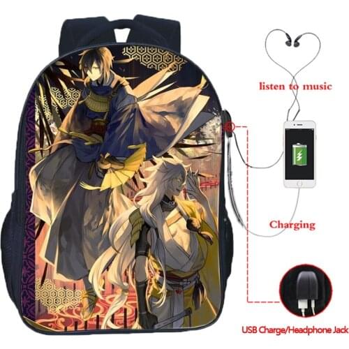 Touken Ranbu Online USB Charge Backpacks Casual USB Charging Rucksack Students Boys Girls School Backpack Traveling School Bag