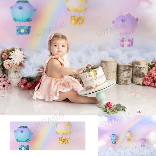 Kids Cake Smash Birthday Backdrop Rainbow Hot Air Balloon Fairy Clouds Newborn Photography Child Photo Studio Background Vinyl
