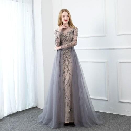 YQLNNE 2020 Long Sleeve Evening Dress Gray Tulle Rhinestones Beaded Evening Gown Formal Women Party Dresses with Nude Lining
