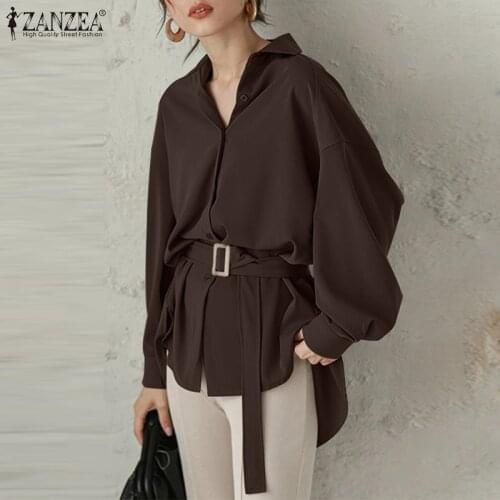 ZANZEA Elegant Women Summer Shirt Fashion Lapel Neck Long Sleeve Belted Blouse Casual Female OL Buttons Blusas Solid Loose Tops