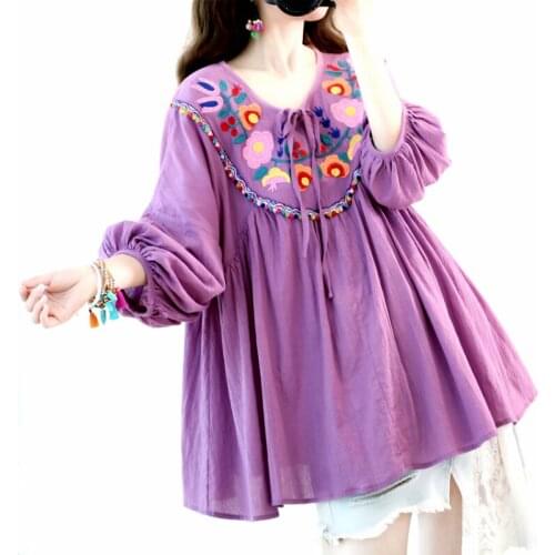 Spring Original Design Summer Women Oversized Shirts Mori Girl Sweet Flower Embroidery Casual Loose Cotton Purple Shirt