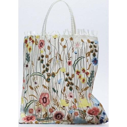 Women Transparent Tote Mesh Cloth Bag Embroidery Handbag Cute Flower Tulle Fruit Bag Female Purse Shopping Bag Large Capacity