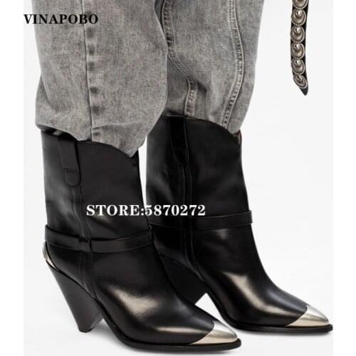 VINAPOBO Genuine Leather Ankle Boots Women Metal Pointed Toe Rivet Tassel Strange High Heel Boots Woman Fashion Matin Boots 2020