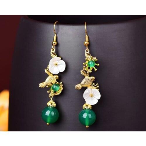 Fashion national style earrings female temperament long style personality Bird Red Green Agate Earrings accessories