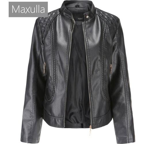 Maxulla Womens Faux Leather Jackets Lady Girls Zipper Basic Biker Coats Women Turn-down Collar Motor Leather Jackets Clothing