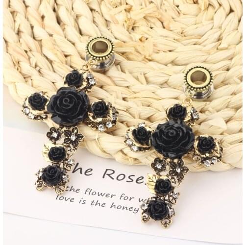 1 Pcs Vintage Cross Flower Ear Gauges Stainless Steel Rhinstone Ear Plug Tunnel Women Fashion Body Piercing Jewelry