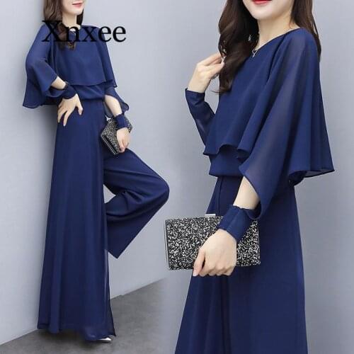 Spring Summer Elegant Two Piece Set Women Chiffon Batwing Sleeve Shirt+High Waist Wide Leg Pants Sets Lady Trouser Suits navy