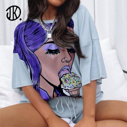 Female Funny Face Printed Streetwear Short Sleeve T Shirt + Shorts Tracksuit 2 Piece Set Spring Casual Sport Suit For Women Sets