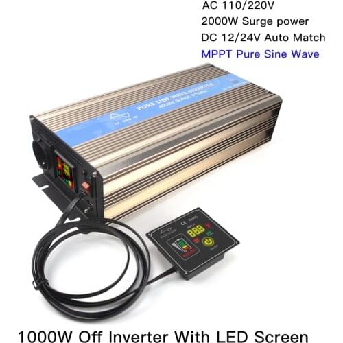 1000W Off Micro MPPT Pure Sine Wave Inverter 12/24V Hybrid Solar Wind Power Inversor Support 110V/220VAC 2000W Surge Power