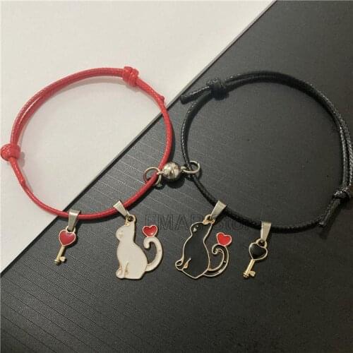 2PCS Cute Couple Bracelets Attractive Cartoon Cat Love Heart Charm Rope Braided Distance Magnetic Bracelet Friendship Jewelry