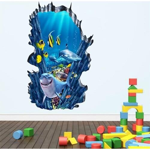 3D Hole View Sea World Wall Sticker Shark Animal Toilet Stickers for Bathroom Baby Kids Room Decor PVC Wall Decals Home Decor