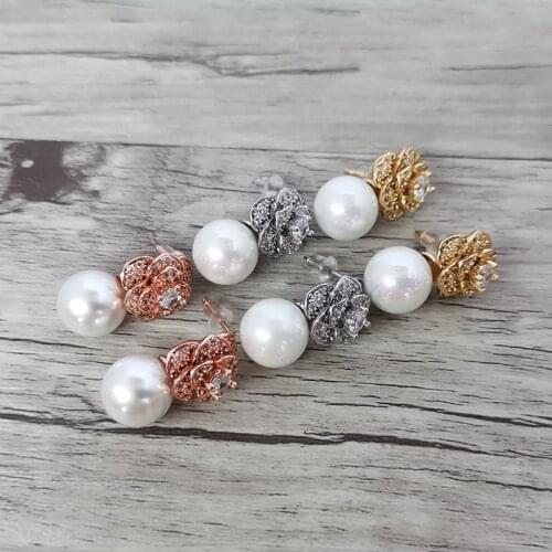 4Pairs Fashion micro pave Crystal CZ flower shape shell beads dangle earrings for women jewelry Xmas gift ER1119