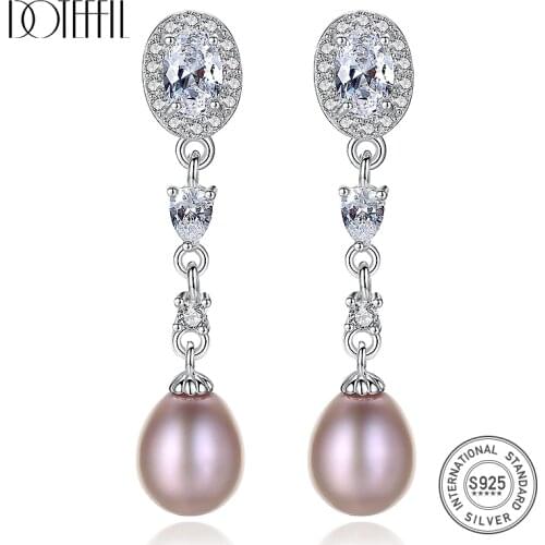 DOTEFFIL 7mm Purple/White/Pink Pearl 925 Sterling Silver Big AAA Zircon Round Long Earrings For Women Wedding Engagement Jewelry