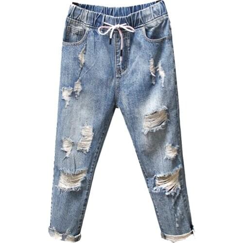 Fashion Drawstring Denim Jeans For Women Ripped Hole Stretch Jean Ladies Plus SizeEarly autumn loose nine points Pencil Pants