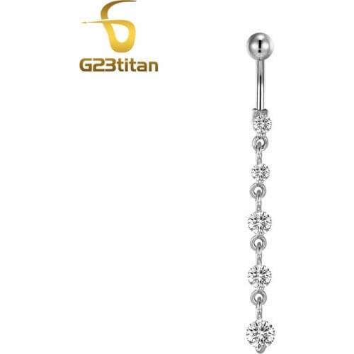 G23titan 14G Ttitanium Piercing Button Navel Ring Long Pendant Crystal Belly Rings Piercing Ombligo Navel Jewelry