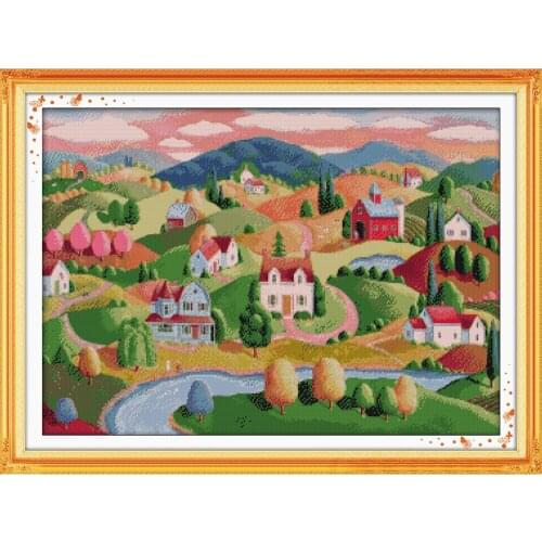 NKF Oil Painting Village Stamped Cross Stitch 11CT14CT DIY Kits Needlework Embroidery Cross Stitch Set for Home Decor