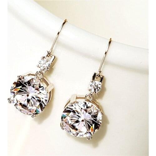 Classic Female White Crystal Drop Earrings Trendy Silver Color Dangle Earrings Simple Bridal Round Wedding Earrings For Women