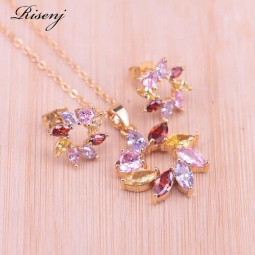 Risenj Promotion Lucky Circle Colorful/White Top Zircon Gold Color Jewelry Set For Women Earrings Necklace Set Pretty Present