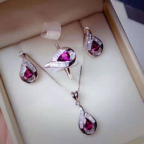 Natural Garnet S925 Ring Earring Pendant Necklace Set Fine Fashion Luxury Jewelry Suitable for Wedding and Party Free Shipping