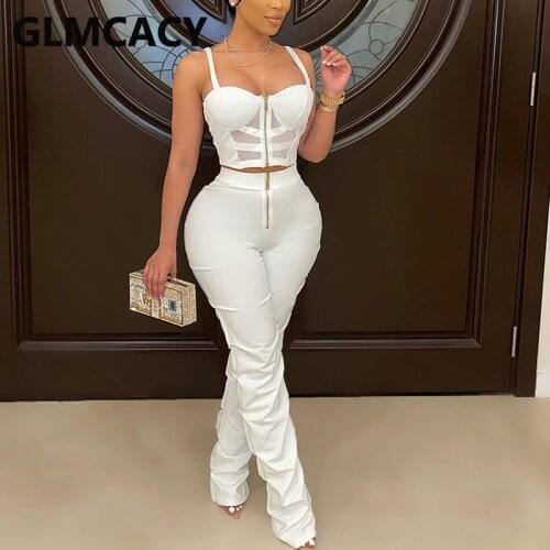 Two Piece Summer Chic Streetwear Suits Spaghetti Strap Crop Top & Slim Ruched Pants Set