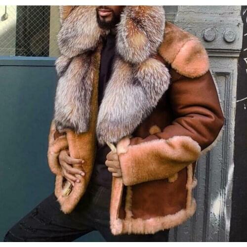 Mens Winter Warm Plus Size Faux Fur Lapel Collar Leather Thick Fleece Short Parka Coat