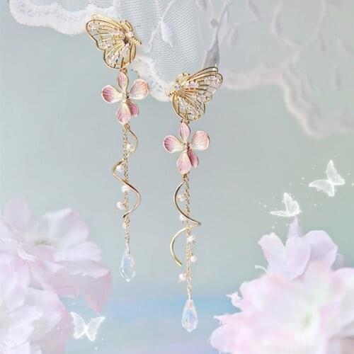 MWSONYA New Trendy Cute Butterfly Flowers Pendant Earrings Flower Pearl Tassel Earrings for Women Drop Earrings Jewelry Earrings