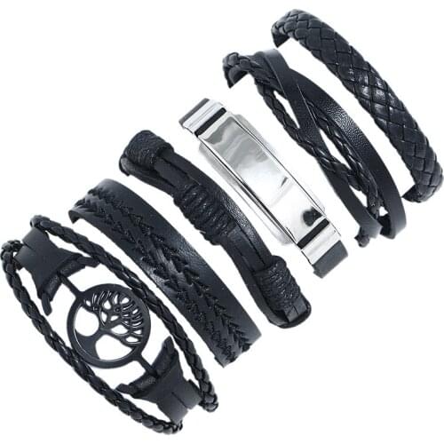 New Trendy 6 Pcs/set Alloy Hollow Tree Charm Black Leather Bracelets Men Women Homme Femme Male Friend Gift Wholesale Jewelry