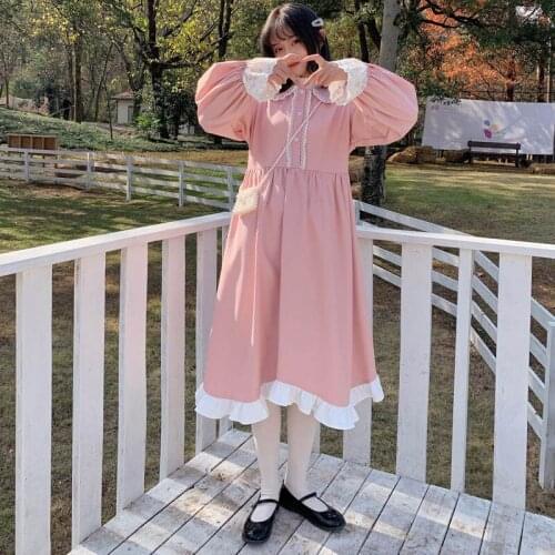 Japanese Mori Girl Lolita Autumn Women Lolita Dress Kawaii Peter Pan Collar Pink Ruffles Party Dress Flare Sleeve Lolita Dresses