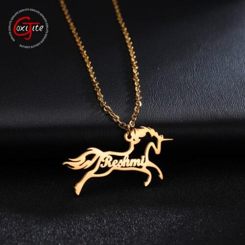 Goxijite Personalized Hollow Unicorn Name Necklace For Girls Zodiac Horse Stainless Steel Custom Nameplate Necklaces Lovely Gift