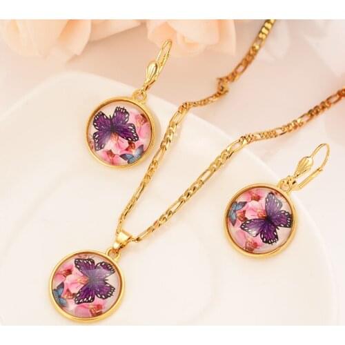 New Guinea party sets Christma Dubai India Solid Fine Gold GF Pendant Necklace earrings Women butterfly Perspective Papua