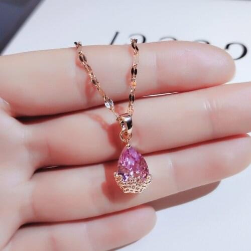 COWBREAD French Women Necklace Pendant Pink Crystal Water Drop Necklace Temperament Wild Clavicle Fashion Jewelry