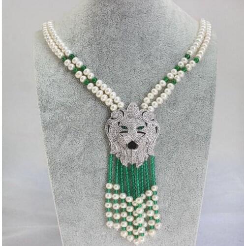 Lion Tassel Pendant Necklace Multistrand Pearls Necklace 6-7mm Semiround Genuine Pearl Autumn Coat Chain Sweater Necklace