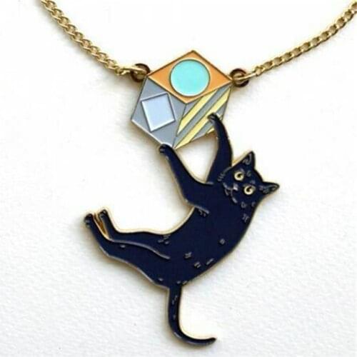 UK Style Cut Enamel Black Cat Pendant Necklace for Womens Bijoux Accessories Rocking Cat Fashion Cute Animal Black Cat Pendant
