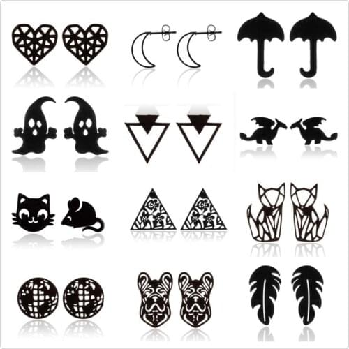 Punk Black Stainless Steel Stud Earrings for Women Men Fashion Volleyball Leaf Umbrella Ghost Earings Kids Hallowmas Jewelry Gif