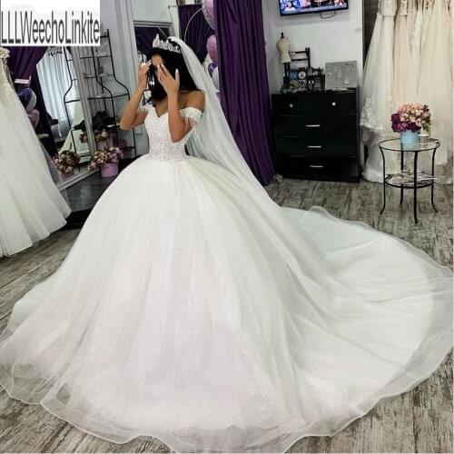 Ivory Tulle Lace Beading Off The Shoulder Sweetheart Floor-Length Ball Gown Wedding Dress Chapel Train Custom Made
