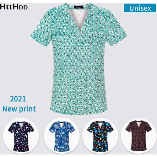 2021 new unisex printing hospital staff scrubbing tops for dental clinic supplies nursing uniforms nurses female uniform shirts