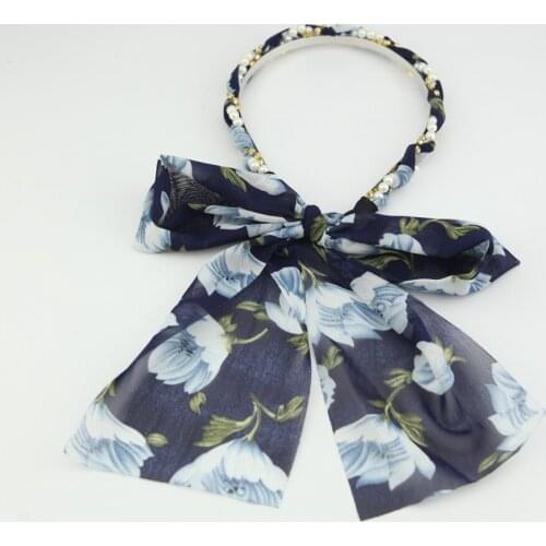 WYINYA Ladies small fresh hair accessories inlaid rhinestone chain pearl bow headband sweet streamer headwear