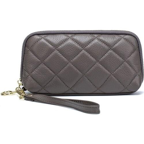 Genuine leather cow skin plaid women wrist bag zipper wallet for daily use