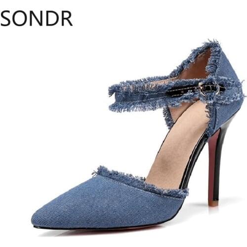 US4-14 Womens Denim Jeans Tassels Pointed Toe Stilettos High Heel Pumps Ankle Buckle Low Top Shoes 3Colors Plus Size Retro 34-47