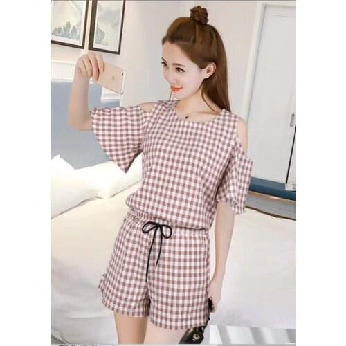 Amolapha Women Plaid Shirt Tops+Short Pants Suits Flare Sleeve Off Shoulder Summer Woman Casual Jumpers Shorts 2PCS Sets
