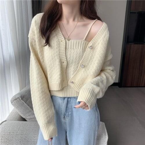Women Two Pieces Sweater Set Autumn Casual Loose V-Neck Cropped Cardigan and Knitte Tube Tops Korean Knitwears 카디건