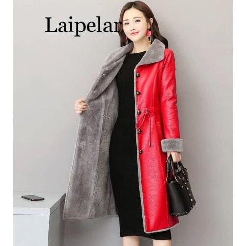 PU Leather Faux Fur Women Long Coat 2020 Casual Plus Size 5XL Slim Coat Black Faux Fur Collar Jacket Coat