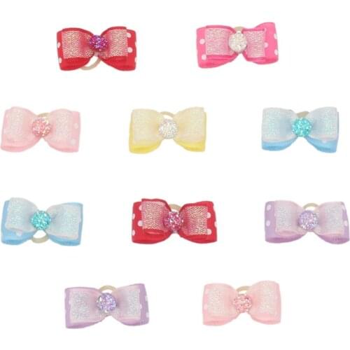 10pcs Multi-colored Polka Dot Dog Hair Bows with Rubber Bands for Small Dogs Ribbon Bowknots Long Hair Dogs Accessories
