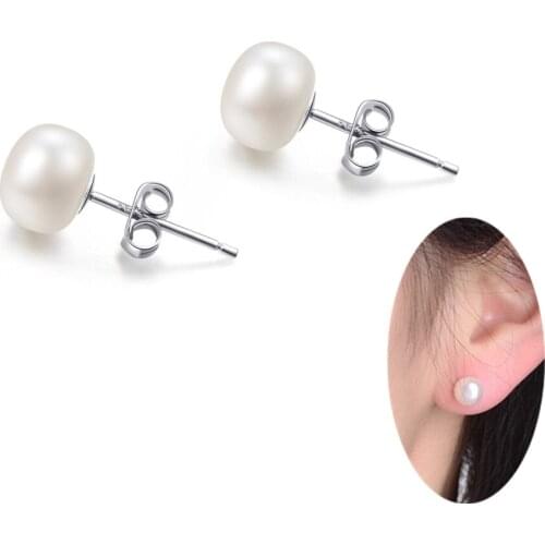 5-6mm 925 Sterling Silver Simple Button Freshwater Cultured Pearl Stud Earrings Real Fresh Water Pearl Earrings