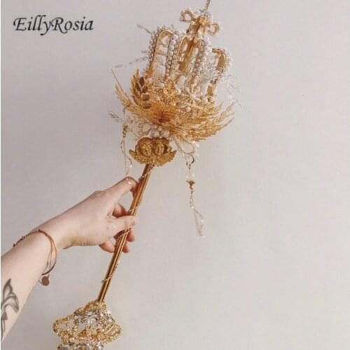 EillyRosia Luxury Bridal Bouquet Princess Scepter Gold Silver Dark Red Vintage Baroque Wedding Bouquet with Crown Jewelry Pearls