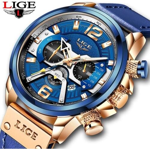 2021 New LIGE Leather Men Quartz Wristwatches Casual Fashion Watch For Men Luminous 50M Waterproof Chronograph Watch Male +Box