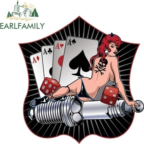 EARLFAMILY 13cm x 12.7cm Retro Spark Plug Ace of Spades Pinup Decal Sexy Girl Cartoon Car Sticker JDM Waterproof Car Accessories