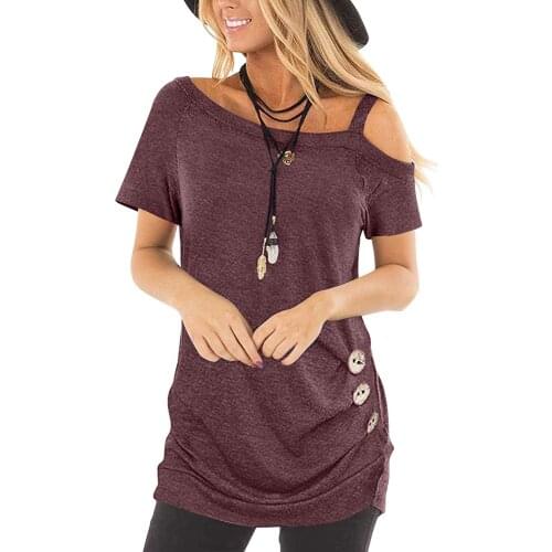 Sexy One Shoulder Women T-Shirts Skew Neck Short Sleeve Buttons Summer Casual Loose Solid Tops Streetwear Ladies Cotton Tees 3XL