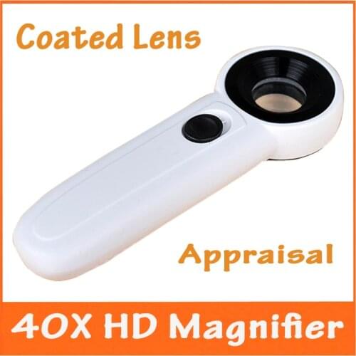 40X 21mm Optical Glass Lens Pocket Handheld Magnifying Glass loupe Gift magnifier for Analysis Iridology with 2 LED lamp Lights